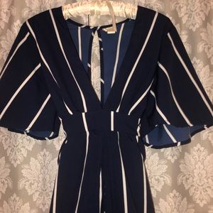 Navy & White Long Romper Dress Backless with Tie